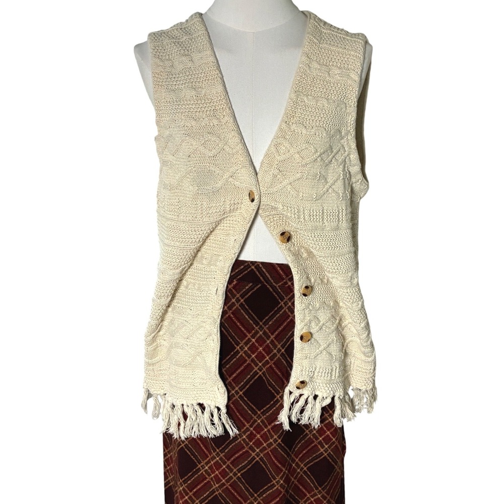 Innovation Sport Cable Knit Fringe Vest Ramie Cotton Cream M Boho Vintage